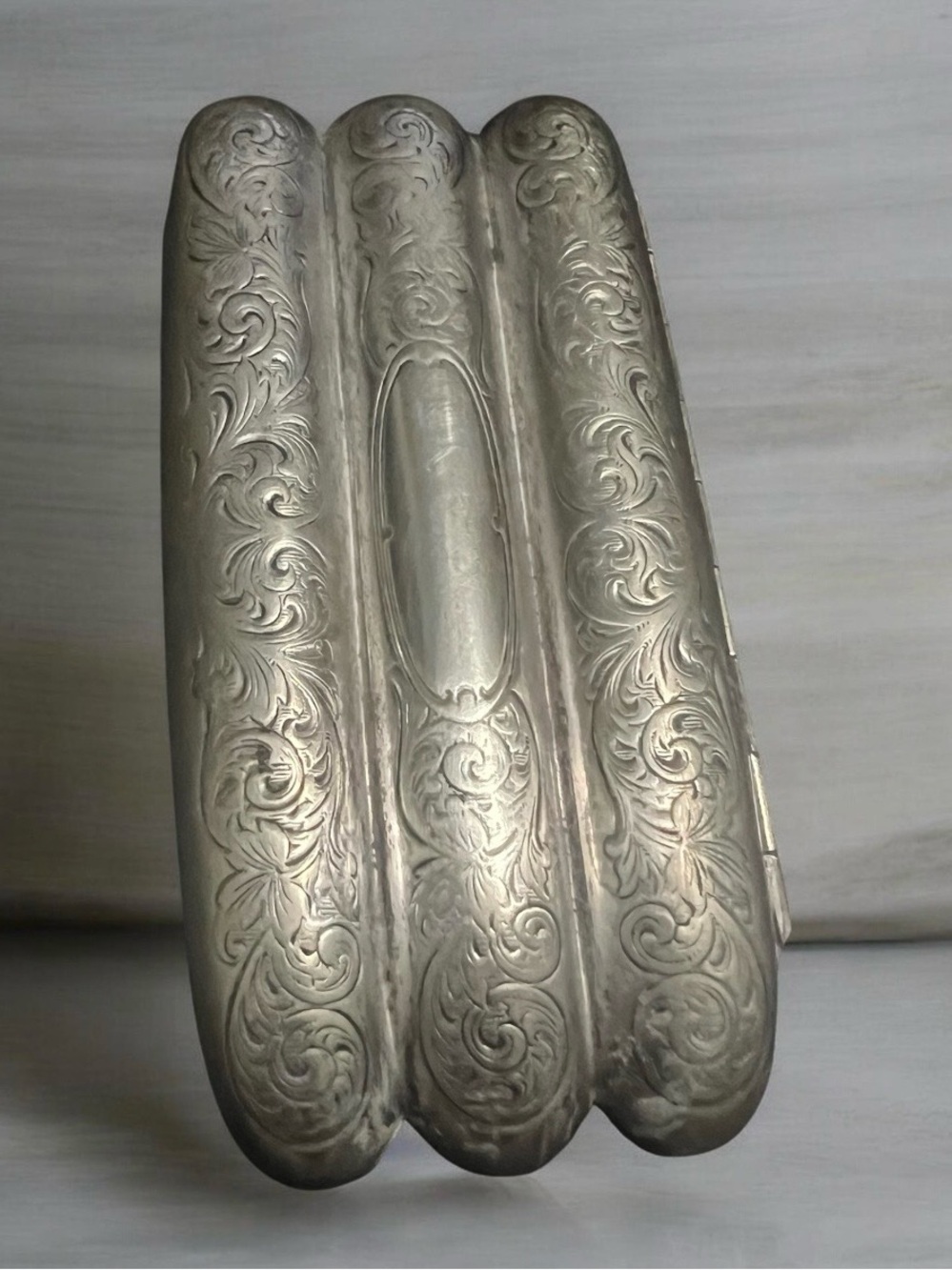 Antique 1900s sterling silver three-section cigar case with engraved.